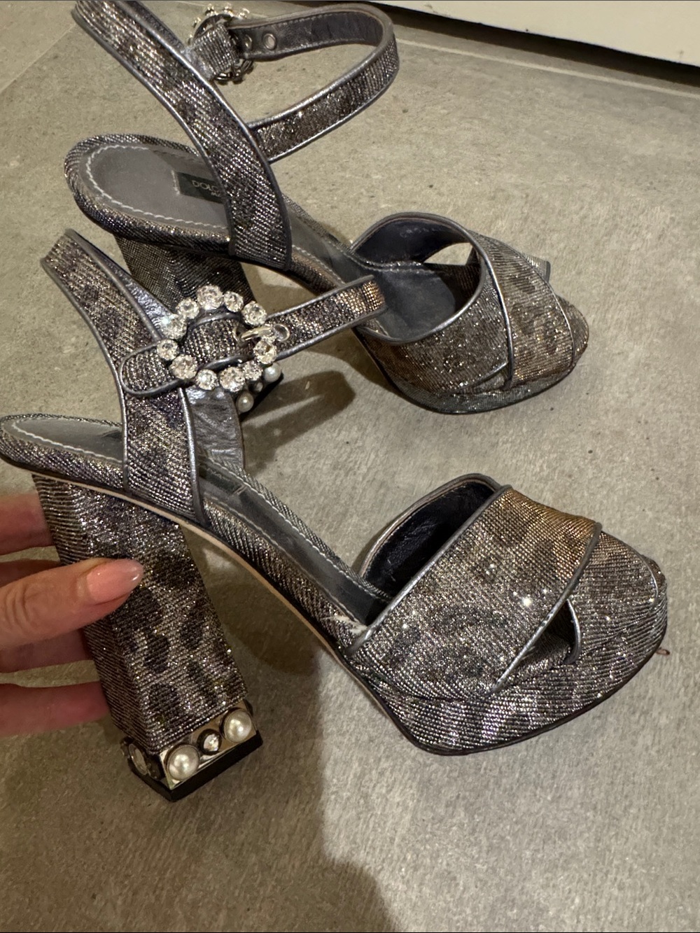 Dolce & Gabbana Silver Glitter Platform Block Heels with Crystal & Pearl Accents